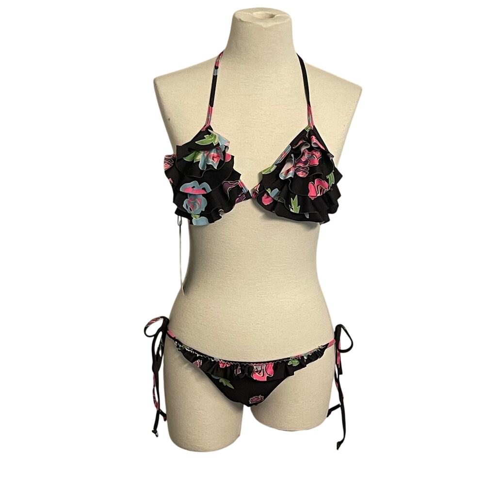 Beach Riot Rico Flora Ruffle Triangle Bikini Set Black Floral Medium NWT